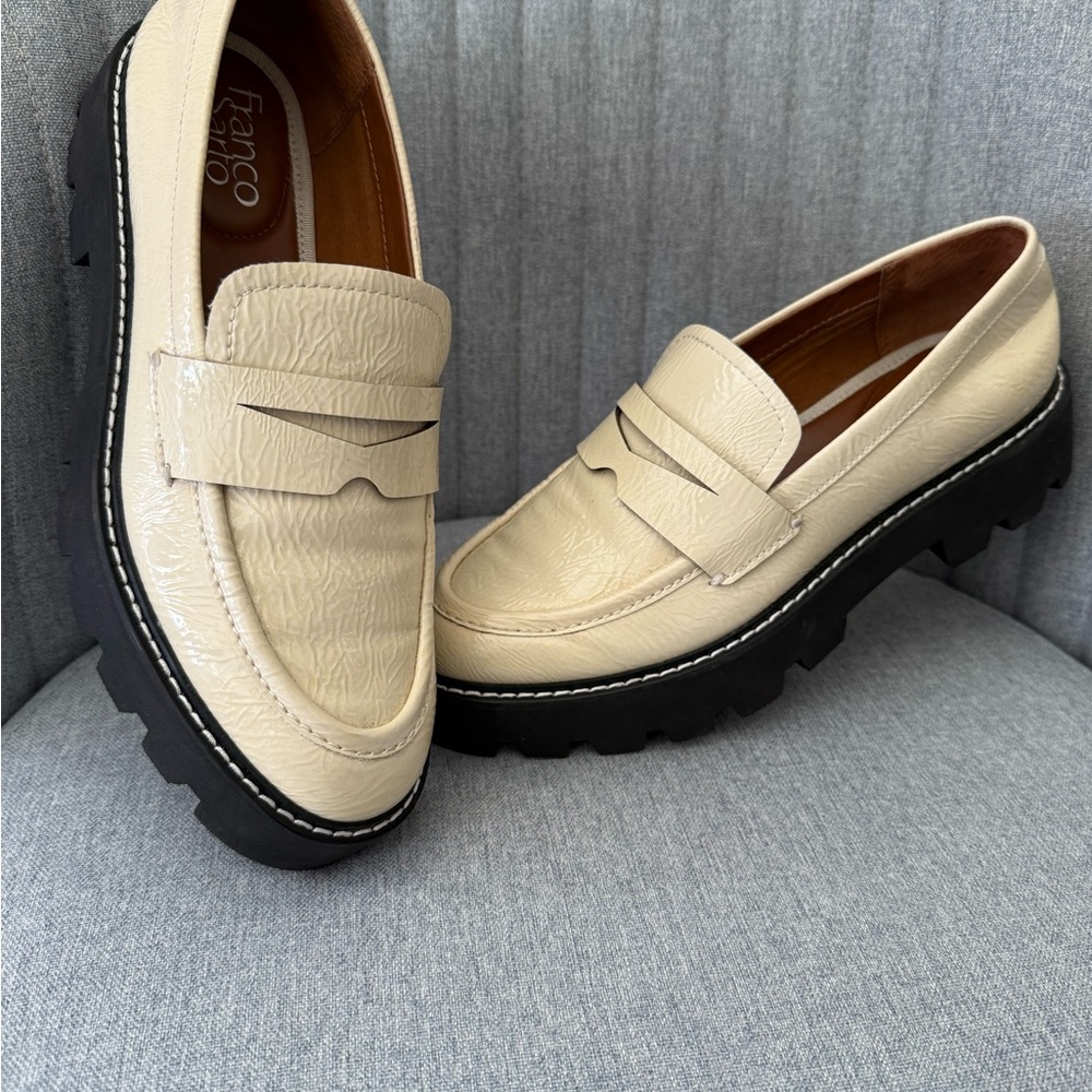 Franco Sarto Cream Textured Loafers with Black Soles